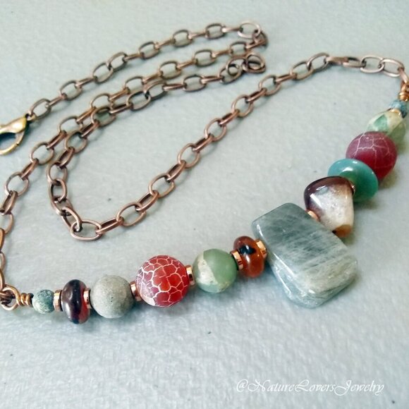 Asymmetrical Choker! Semi-Precious Stone Beads + Copper! Uniquely Handmade! - Picture 4 of 9